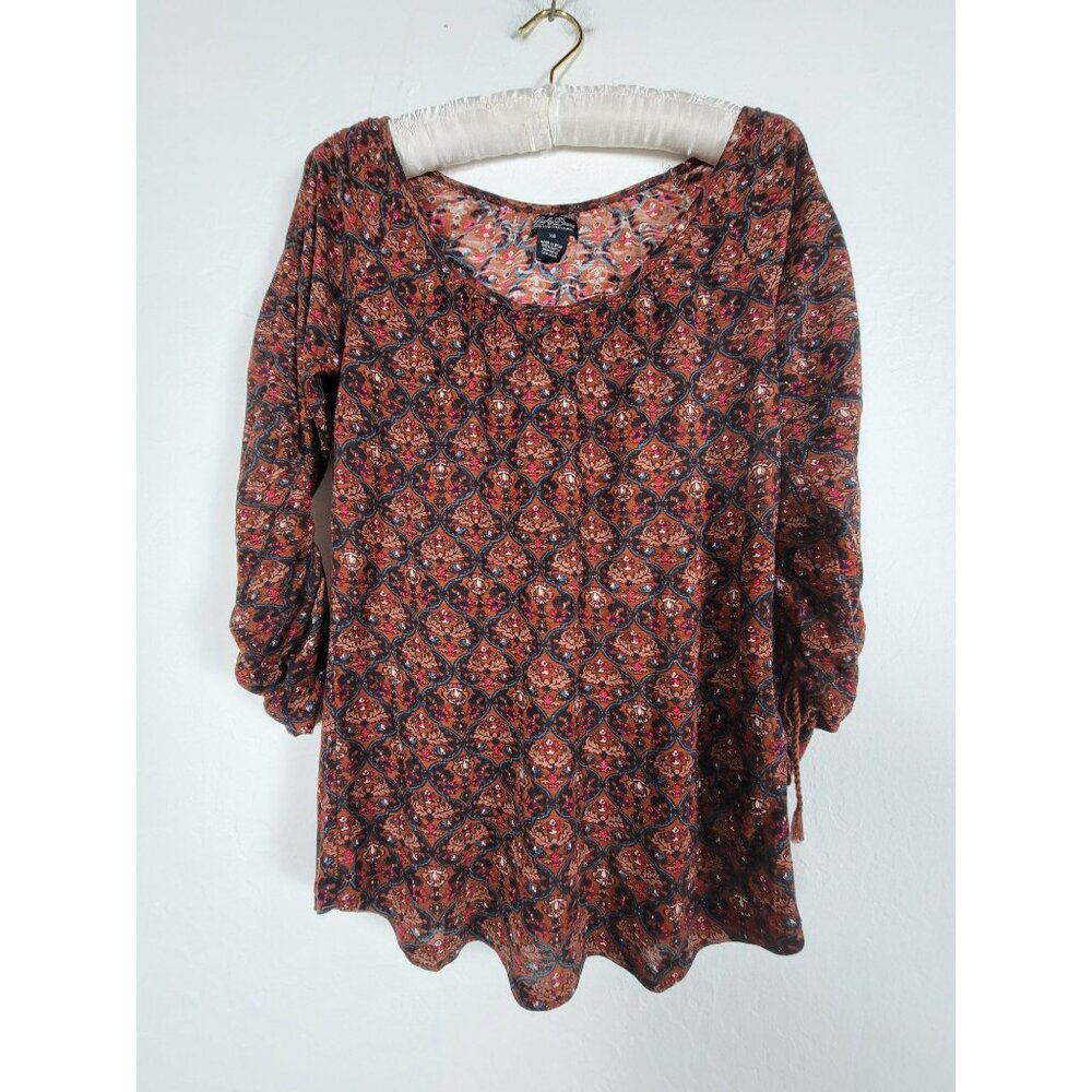 Lucky Brand Womens XS Boho Floral Geometric Print Ruched 3/4 Sleeve Blouse Top